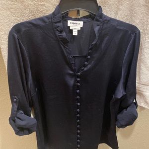 Express Slim Fit Portofino Satin Shirt Navy Large